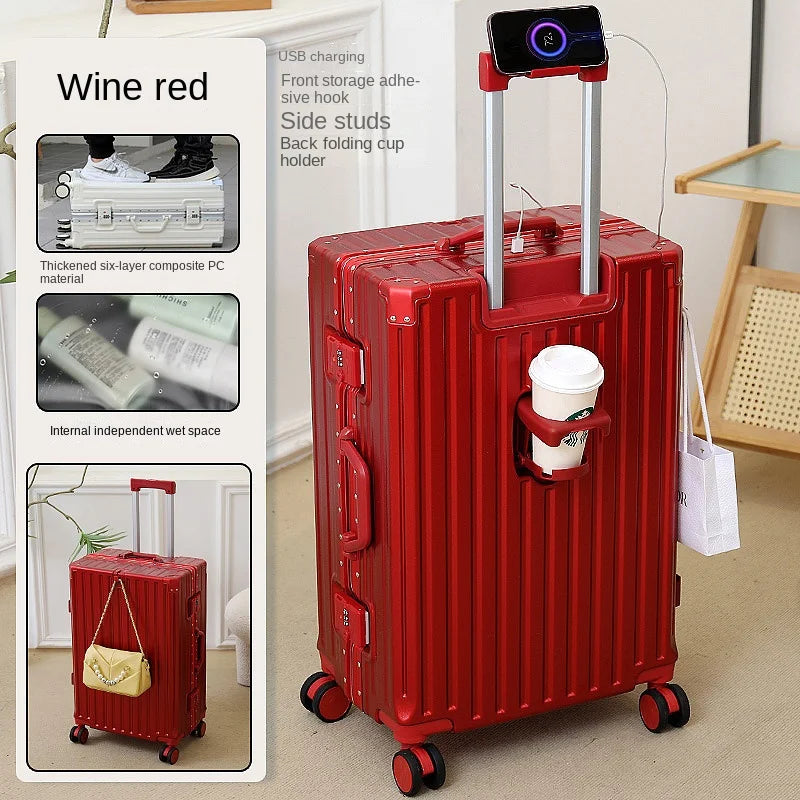 New Suitcase 30 inch Aluminium Frame USB Charging Luggage Carrier Boardable 20 inch Cabin Suitcases on Wheels with Cup Holder
