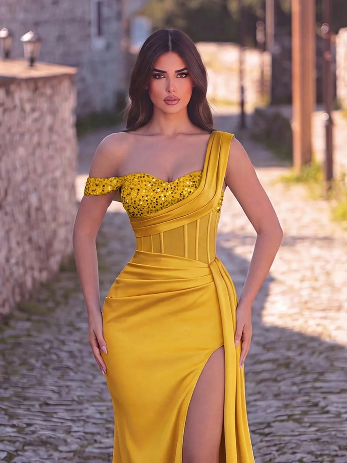 Mermaid Evening Dress – Off Shoulder – Polyester – Gold | KIMLUD