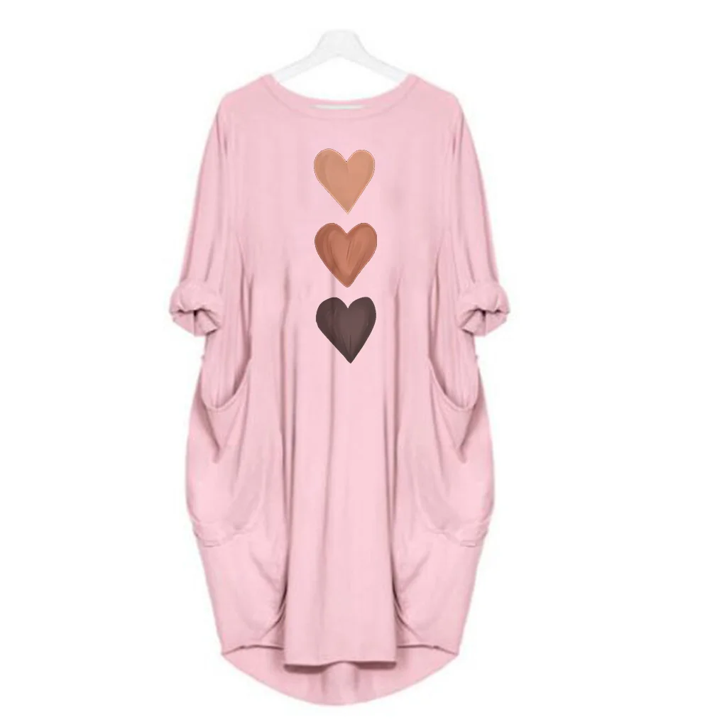 Knit Polyester Dress Three Heart Print Pockets — Black | KIMLUD