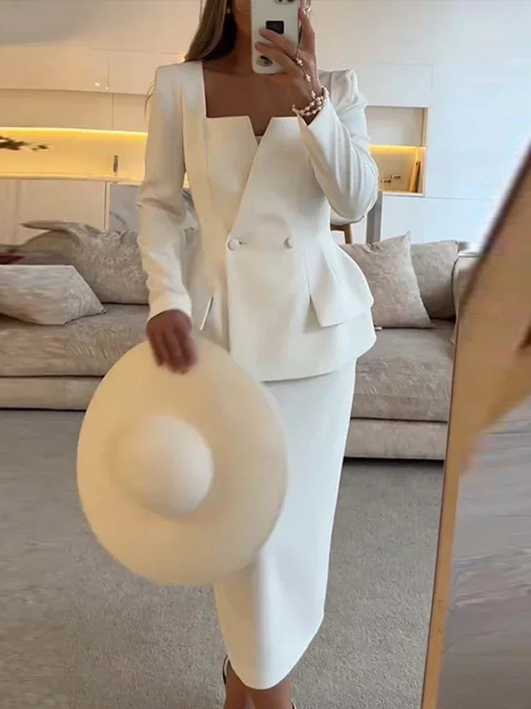Elegant BlazerCoat Skirt Set Women Double Breasted Square Collar Slim Jacket And Midi Skirts Suits 2 Pieces Office Chic Outfits