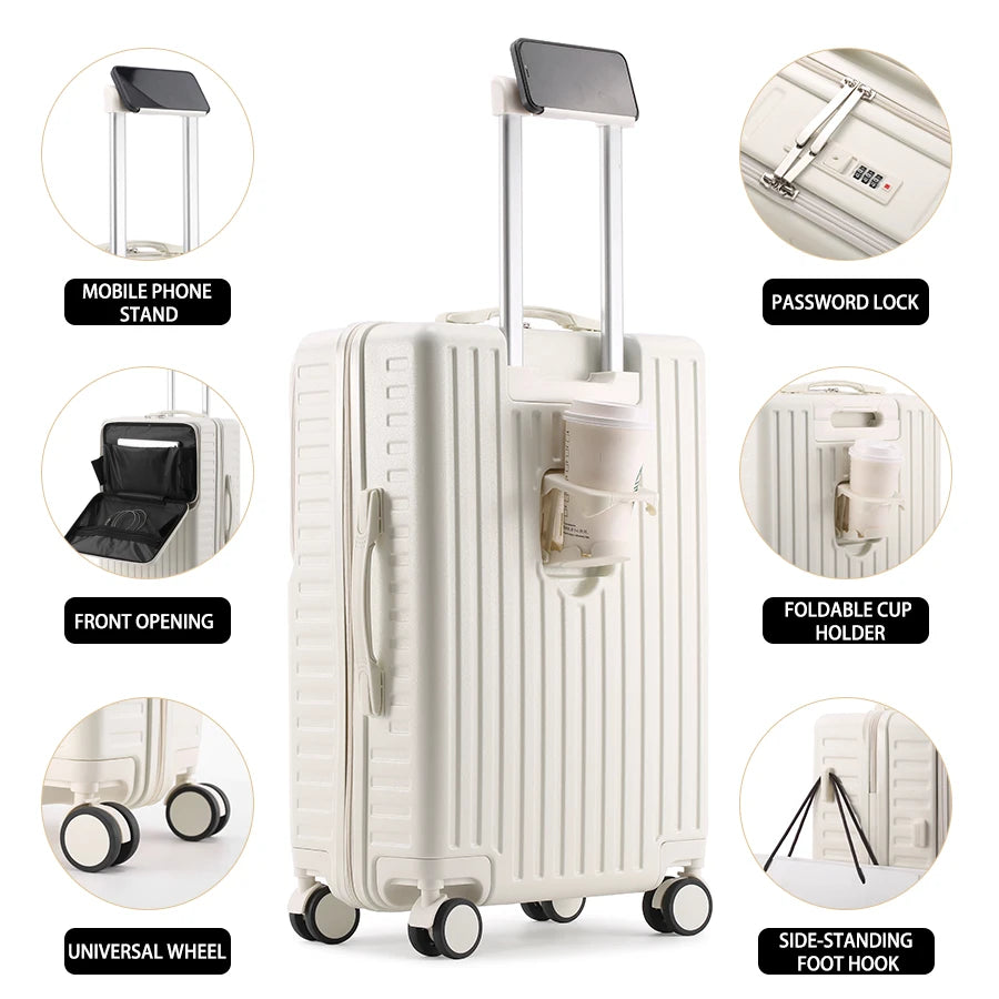 Independent Front Open Luggage Multi-functional Suitcase ABS+PC Cup Holder And Hidden Phone Stand Smooth Universal Wheel 20" 24"