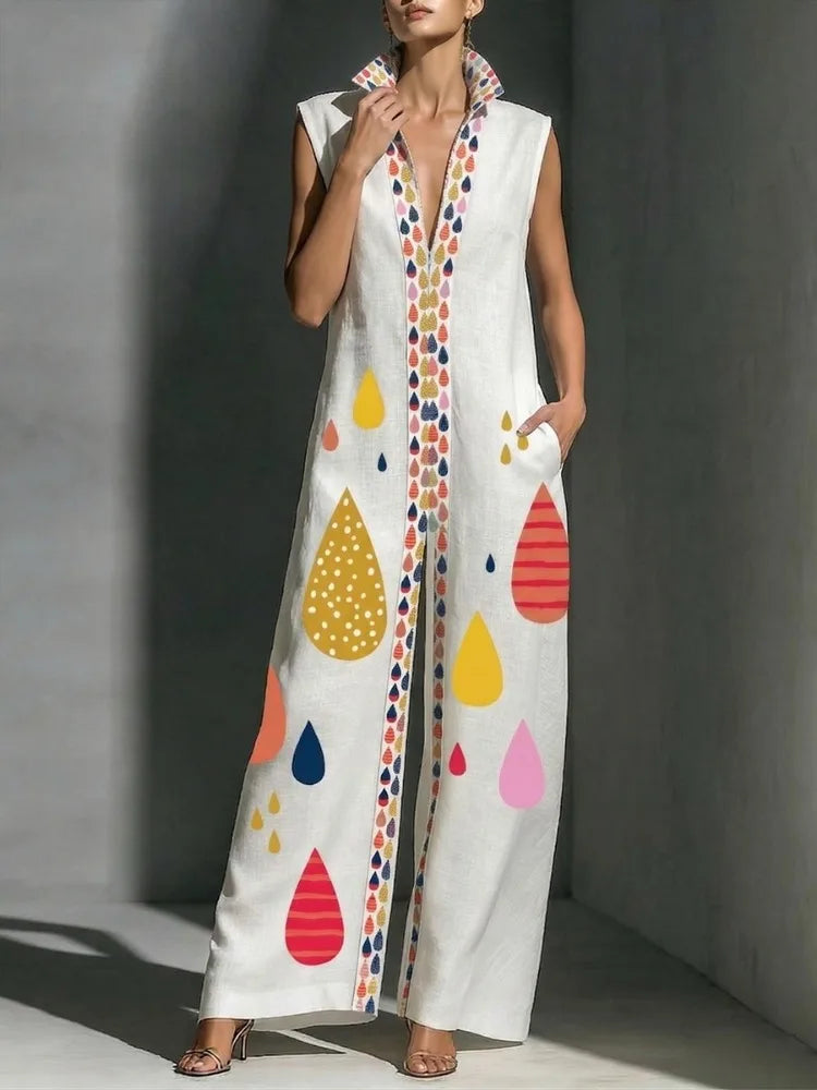 Jumpsuit – Colorful Printed Zipper Wide Leg – Polyester | KIMLUD