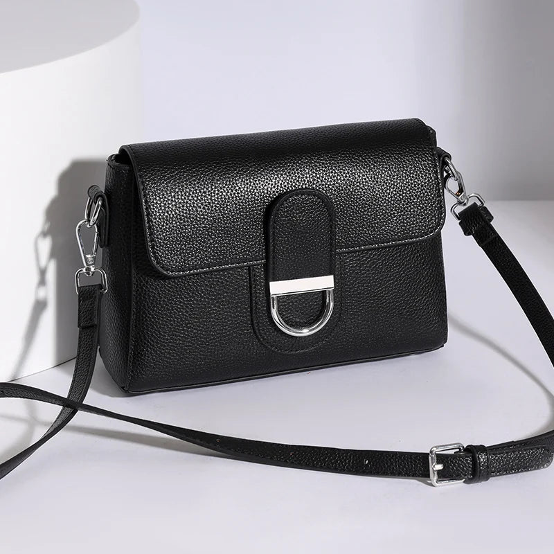 Genuine Cowhide Crossbody Bag Small Flap — Black | KIMLUD