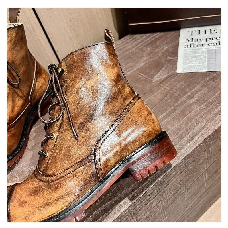 Cow Genuine Leather Motorcycle Boots Brogue Shoes Retro High Big Head Chelsea Men's Boots Ankle Boots For Men Brown