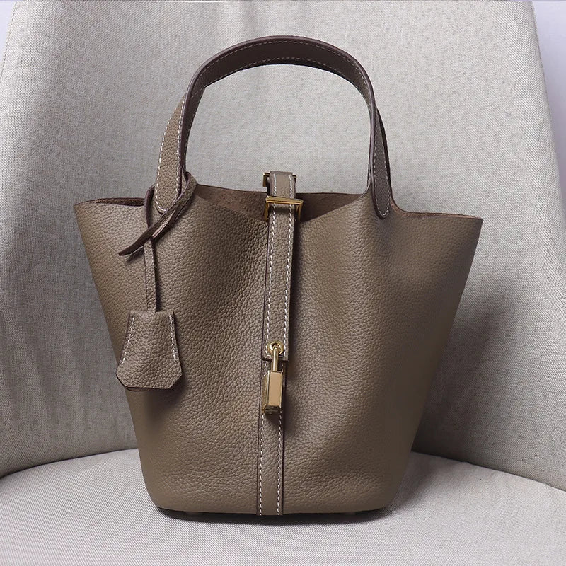 Head Layer Cowhide Leather Bucket Bag Large Capacity — Taupe | KIMLUD