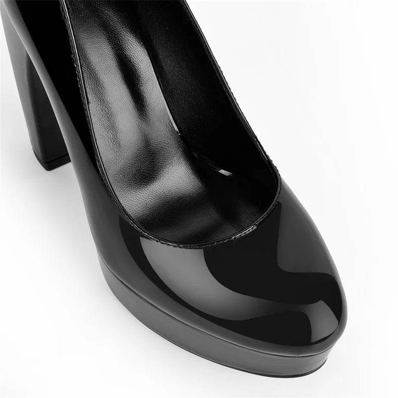 Pumps - Platform Patent Leather Chunky Heel - Round Toe | KIMLUD