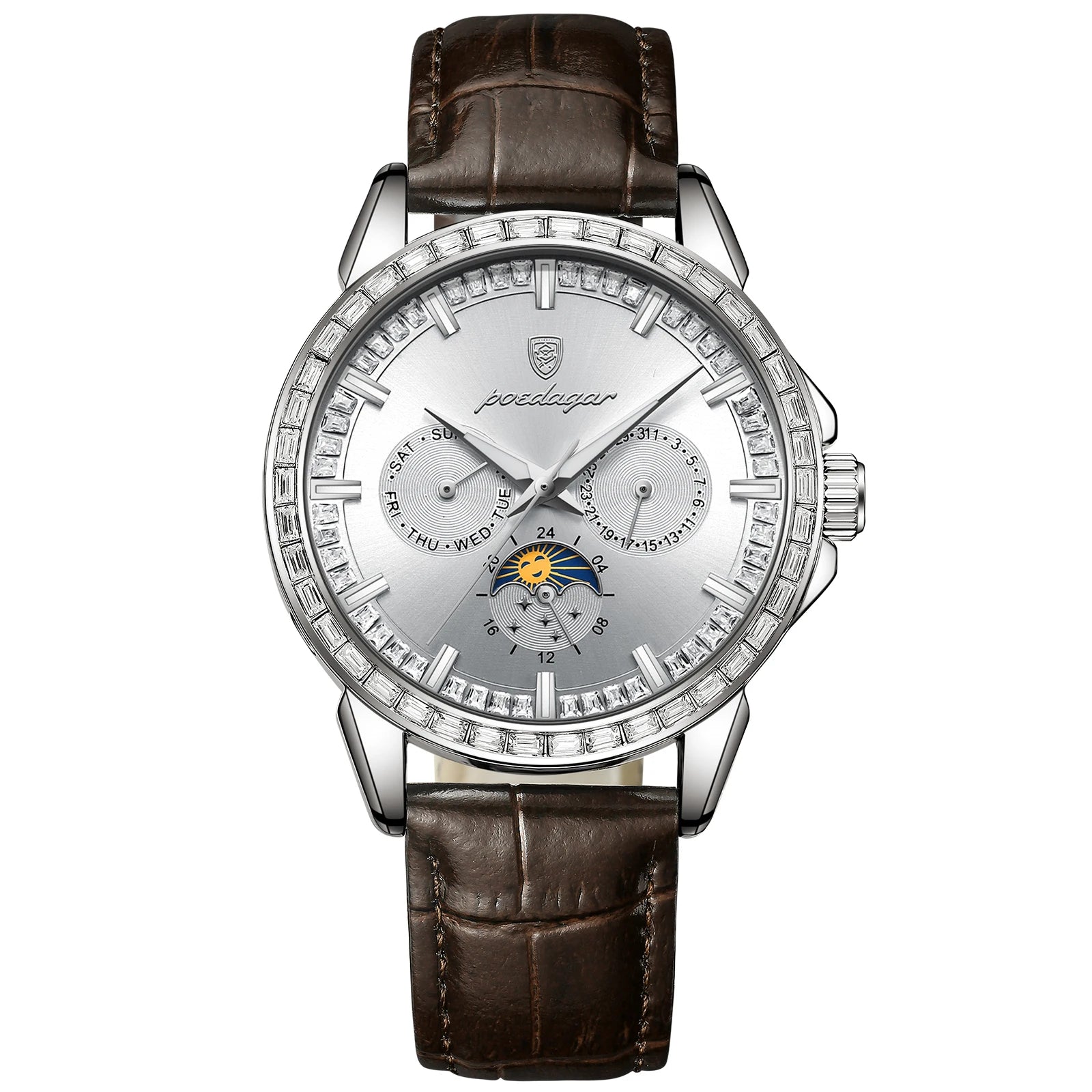 POEDAGAR Luxury Diamond Wristwatch For Men Date Week Waterproof Luminous Man Watch Fashion Business Leather Men's Quartz Watches
