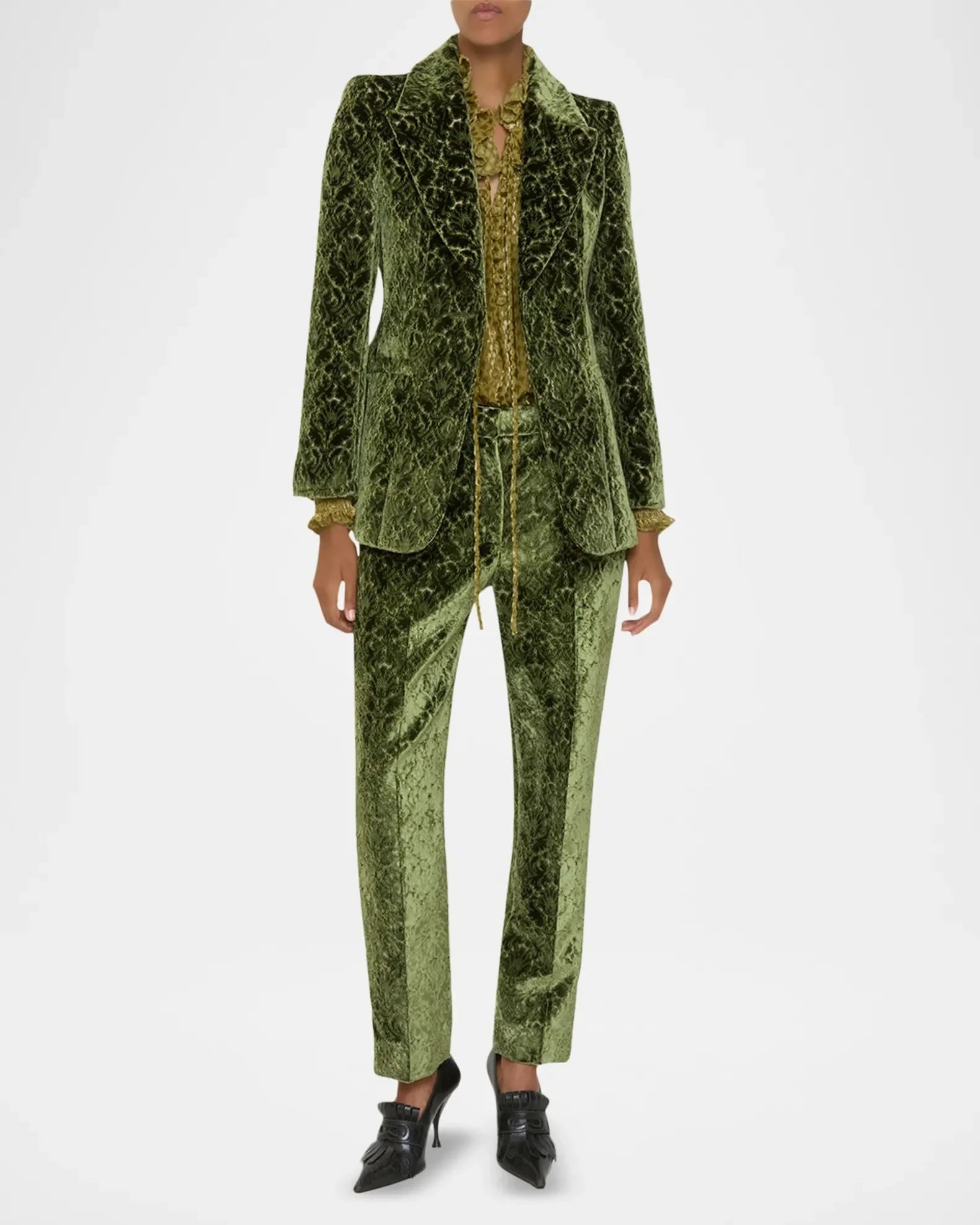 Velvet Two-Piece Pleated Blazer Set — Green | KIMLUD