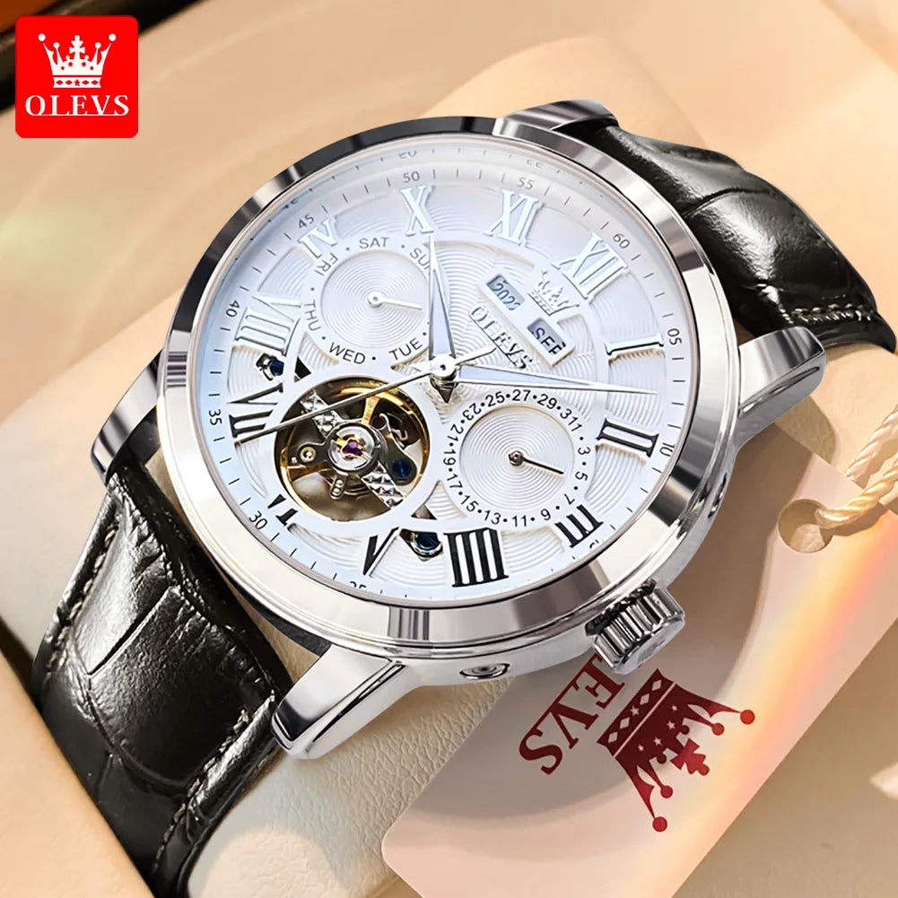 Moon Phase Calendar Automatic Chronograph Leather Strap Watch — Rose-Gold | KIMLUD