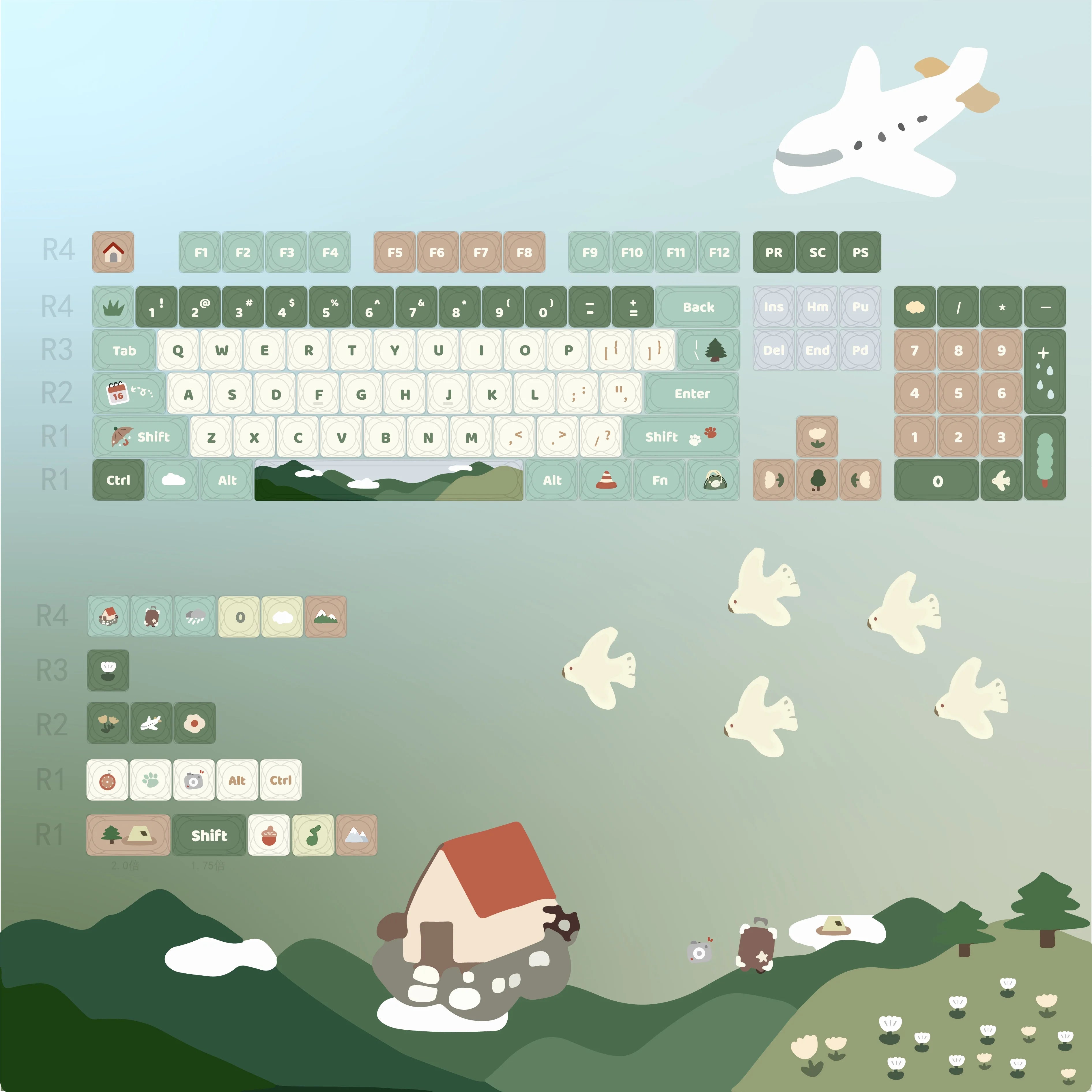 Cute Green Keycap 124Keys Go Hiking Theme Thermal Sublimation PBT Keycaps for Mechanical Keyboard MOA Height Small Fresh Key Cap