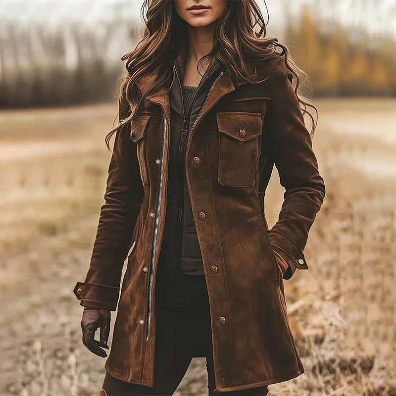 Classic Retro Suede Long Trench Jacket for Women's Pocket Single Breasted Turn Down Collar Windbreaker Autumn Winter Outerwears