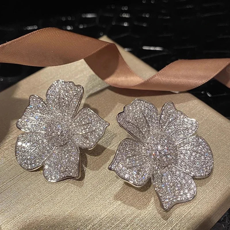 Earrings Sparkling Zirconia Inlaid Flower Earrings Zinc Alloy — Gold | KIMLUD