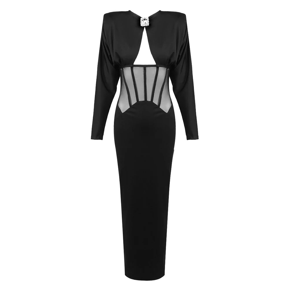 VC Elegant Black Diamond Maxi Evening Dress with Mesh Corset Waist and Jewel Detail – Long Sleeve Formal Evening Gown