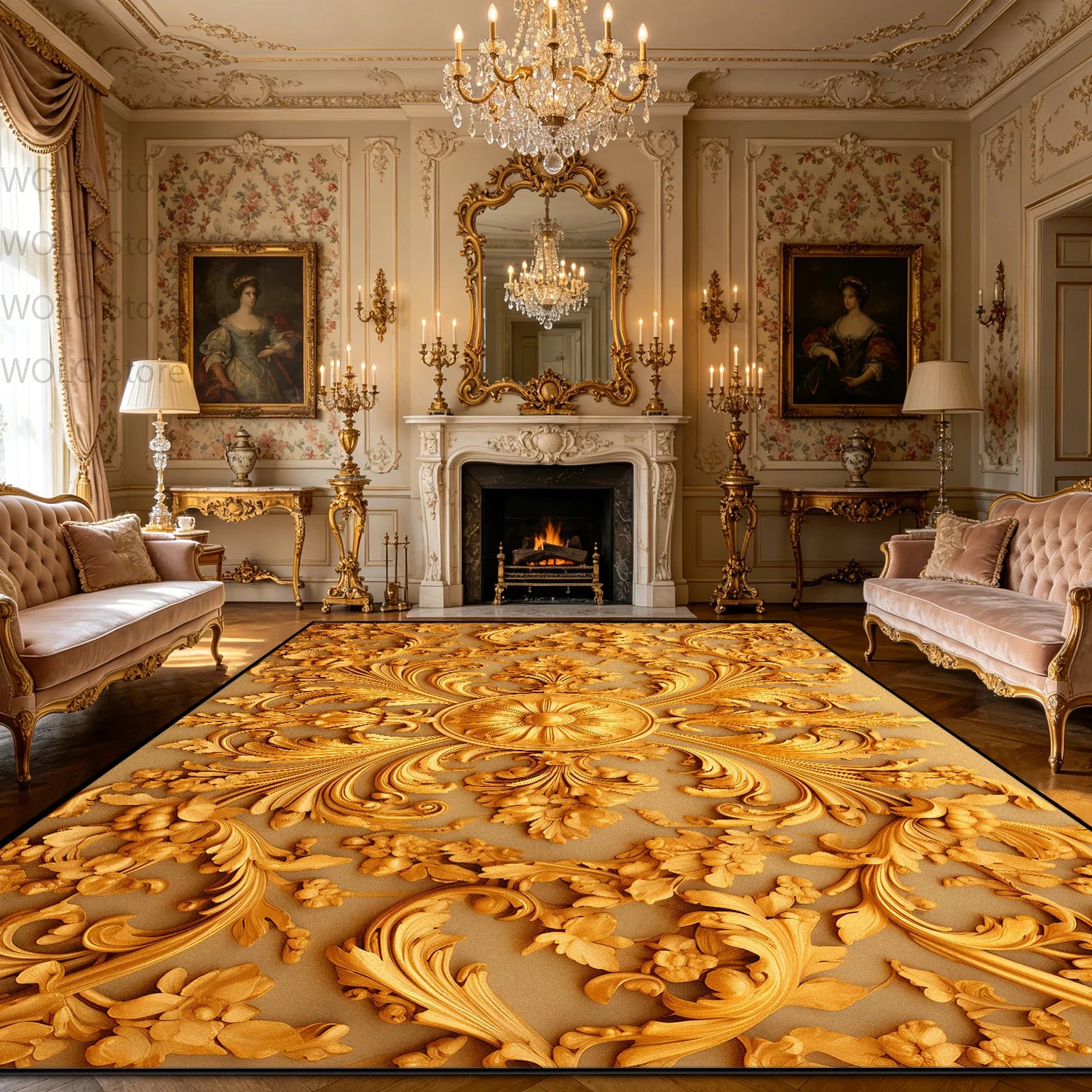 Luxurious Rococo Geometric Area Rug — Gold | KIMLUD