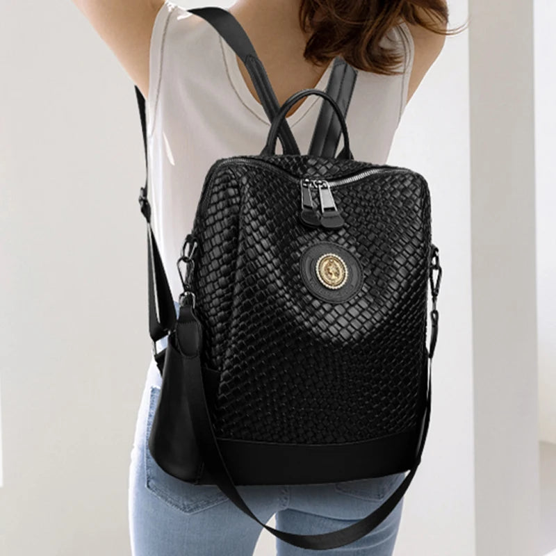 Leather Backpack Softback Large Capacity — Black | KIMLUD