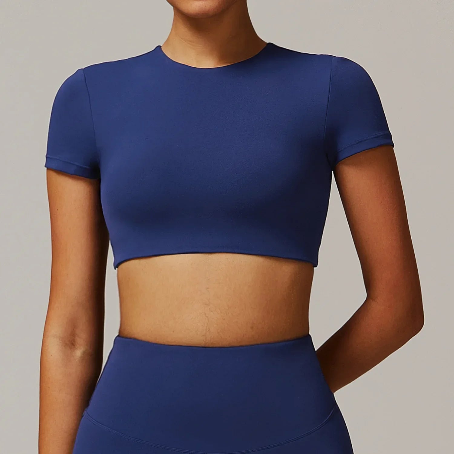 Backless Padded Yoga Crop Top Short Sleeve — Warm Sand-Beige | KIMLUD
