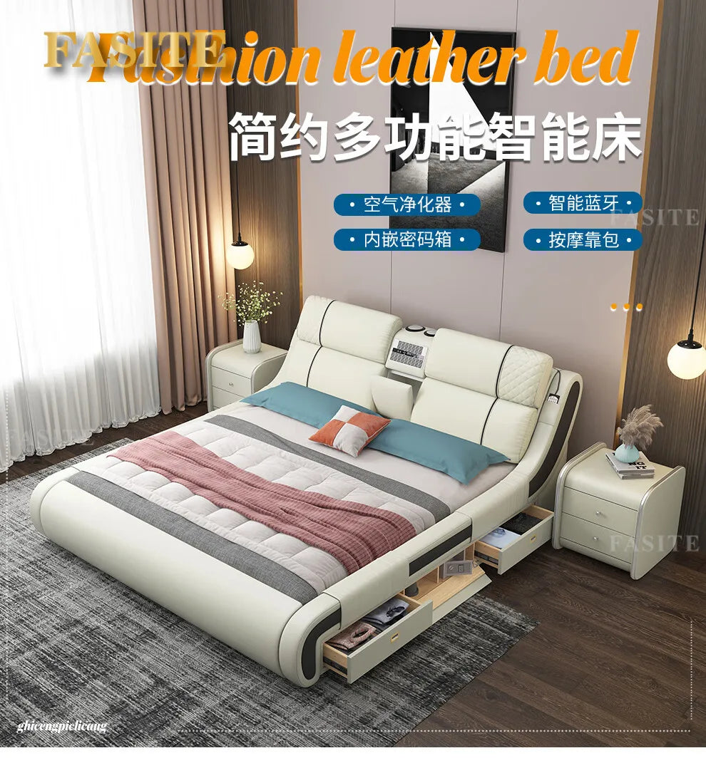 Modern Simple Massage Bed Luxury Water Proof Design Bedframe Double Bed Smart White   Nordic Furniture