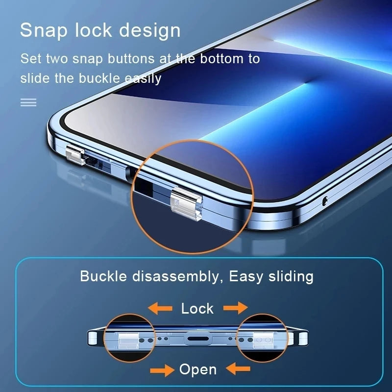 360 Full Protection Metal Magnetic Double Sided Glass Snap Lock Case For iPhone 17 16 15 14 12 13 Pro Max Lens Protection Cover