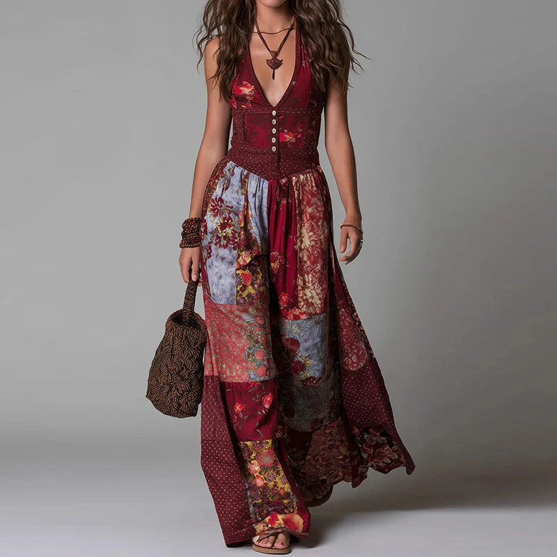 Polyester Patchwork Evening Maxi Dress — Purple | KIMLUD