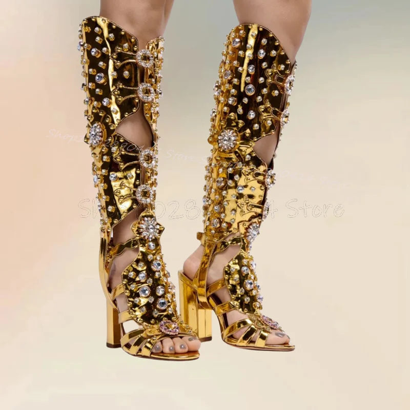 Crystal Flower Decor Gold Hollow Design Sandals Boots Knee High Women Shoes Chunky High Heels Fashion 2024 Zapatos Para Mujere