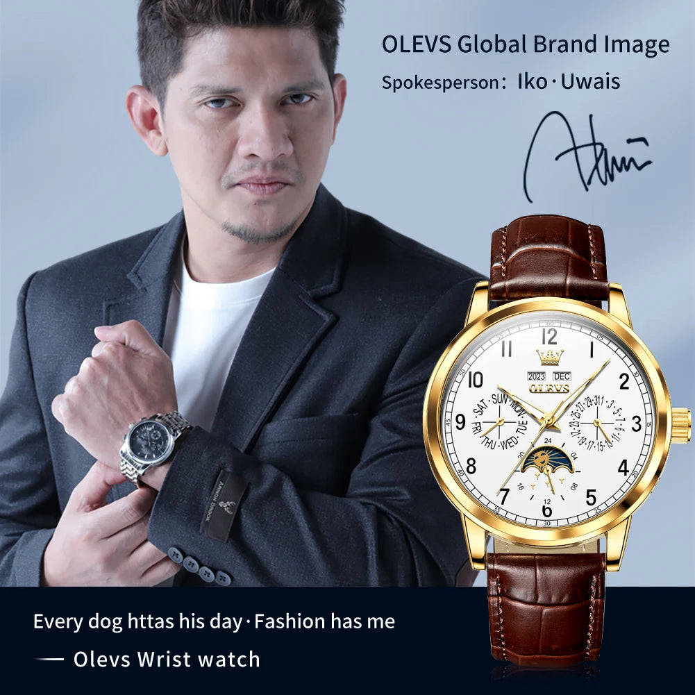 Leather Dress Watch Moon Phase Automatic — Black | KIMLUD