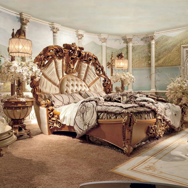 European Luxury Bed Carved Court Headboard Queen — Ivory | KIMLUD