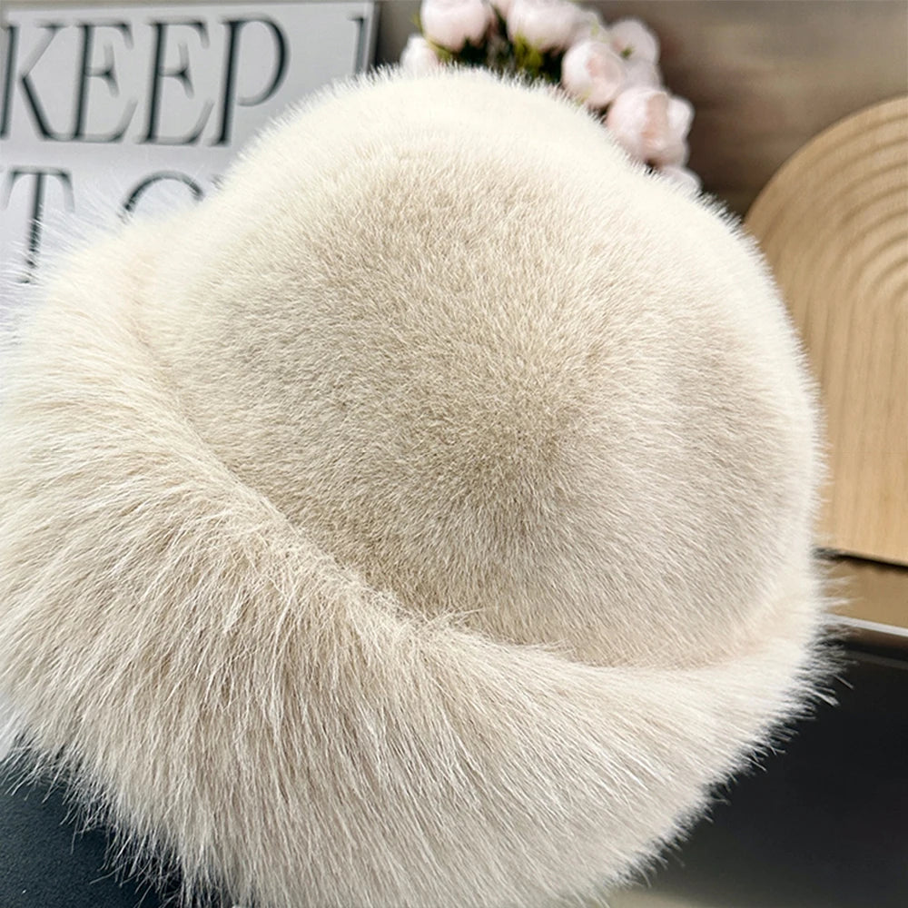 Mink Fur Hat Plush Cotton Lining Warm Winter — Black | KIMLUD
