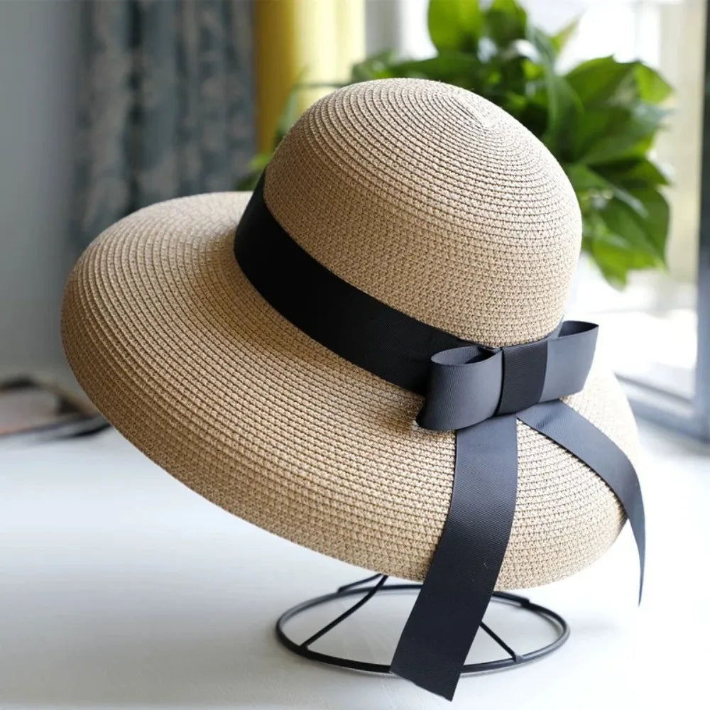Vintage Breathable Straw Wide Brim Hat — Black | KIMLUD