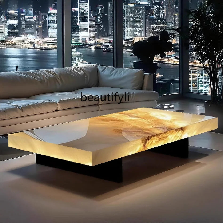High-end light luxury square jade coffee table living room modern design large flat luxury stone coffee table