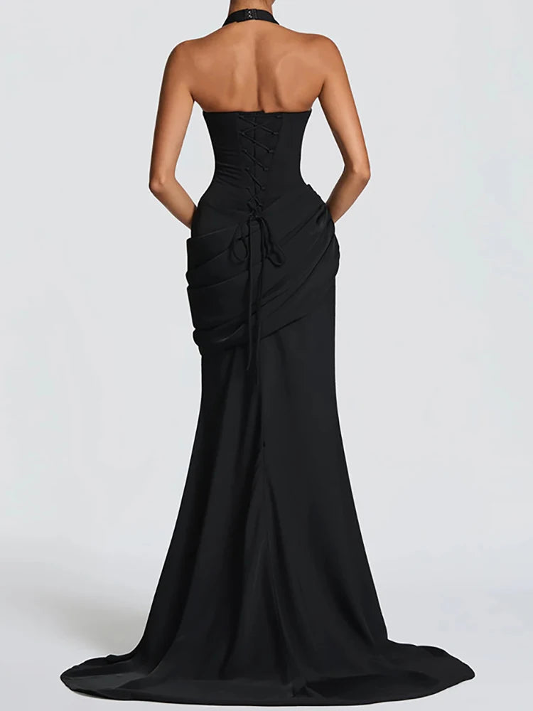 Patchwork Maxi Dress – Halter Backless – Polyester | KIMLUD