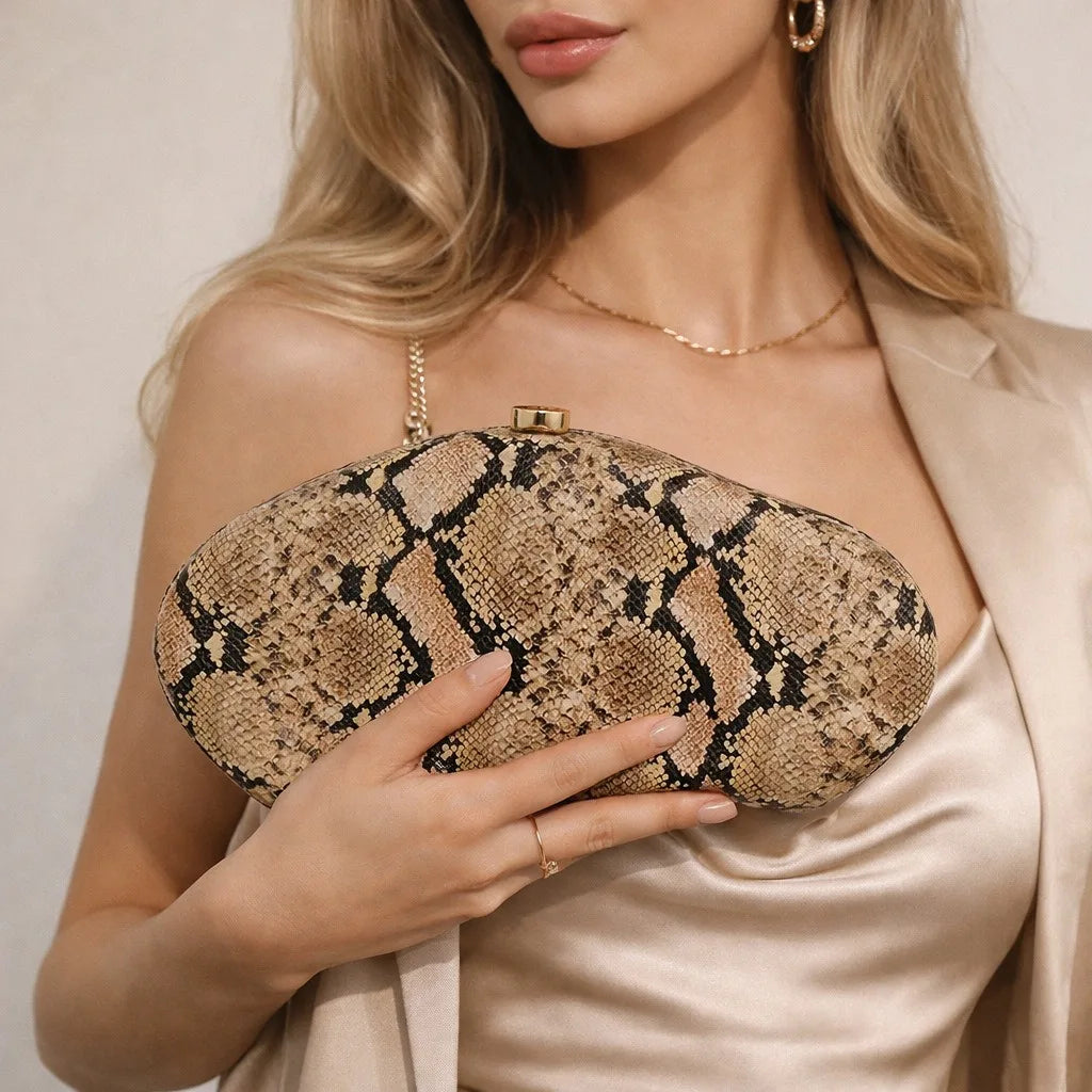 PU Leather Snake Print Clutch Bag — Black | KIMLUD