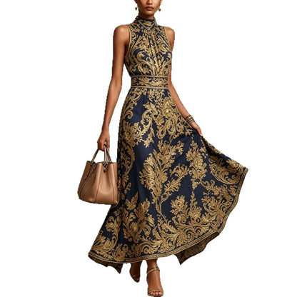 Maxi Dress – Baroque Print Halter Neck – Polyester A-Line | KIMLUD