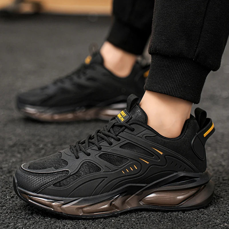 Breathable Mesh Running Shoes Lightweight Non Slip — Black With Amber Accents | KIMLUD