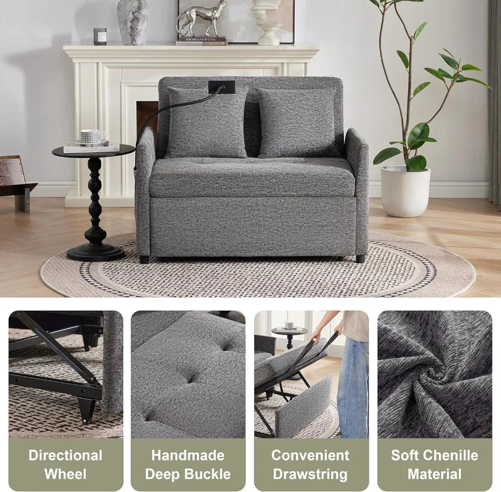 Boucle Sleeper Sofa Bed With USB Type-C Ports And 3-In-1 Convertible Backrest — Dark Grey | KIMLUD