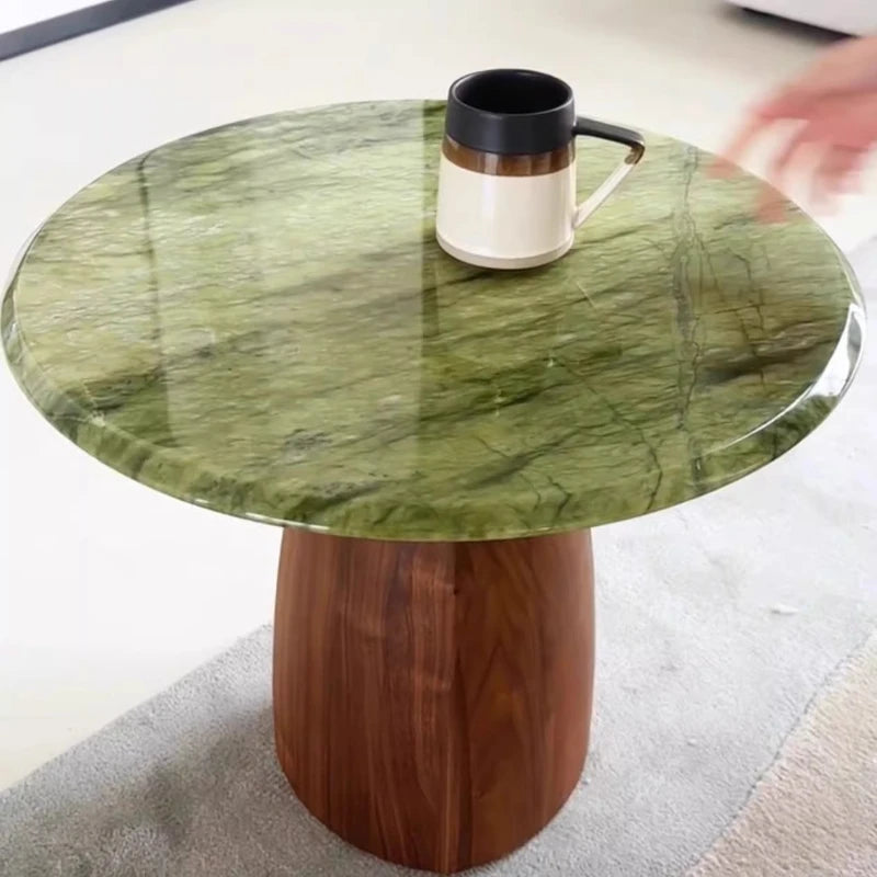 Marble-Look Round Coffee Table Solid-Wood Pedestal — Emerald Green | KIMLUD