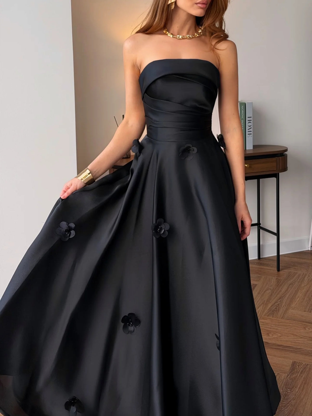 Strapless Satin Evening Dress – 3D Flower Appliques – A-Line Silhouette | KIMLUD