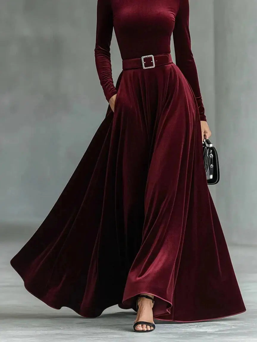 Velvet High Collar Evening Gown Mid-Waist Draped Skirt — Black | KIMLUD
