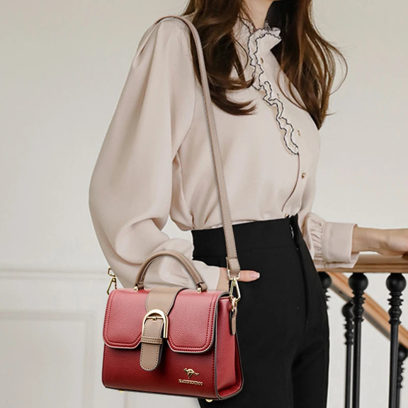 Genuine Cow Leather Shoulder Bag With Subtle Flap And Refined Hardware — Creamy Beige With Taupe Trim | KIMLUD