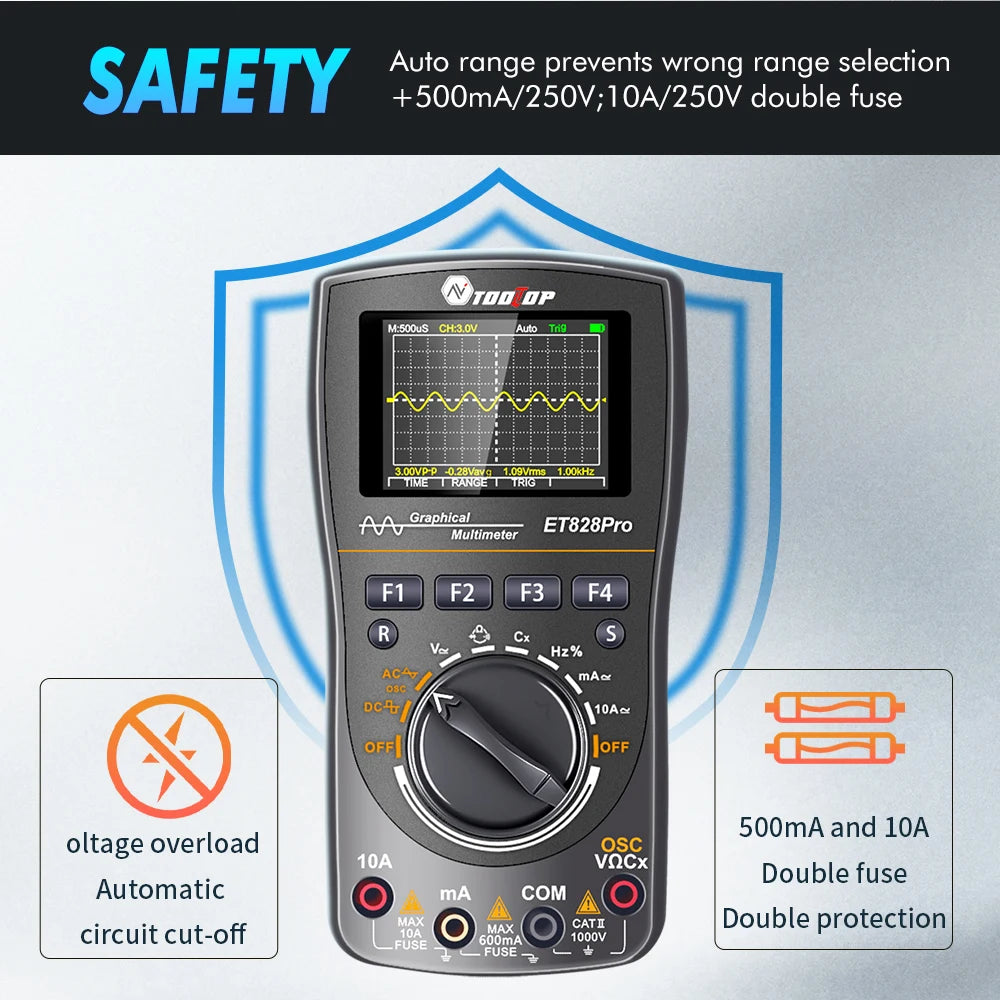 TOOLTOP ET828Pro 10MHz 50Mps/s Handheld Oscilloscope 6000 Counts True RMS Multimeter Voltmeter Ammeter Automotive Oscilloscope