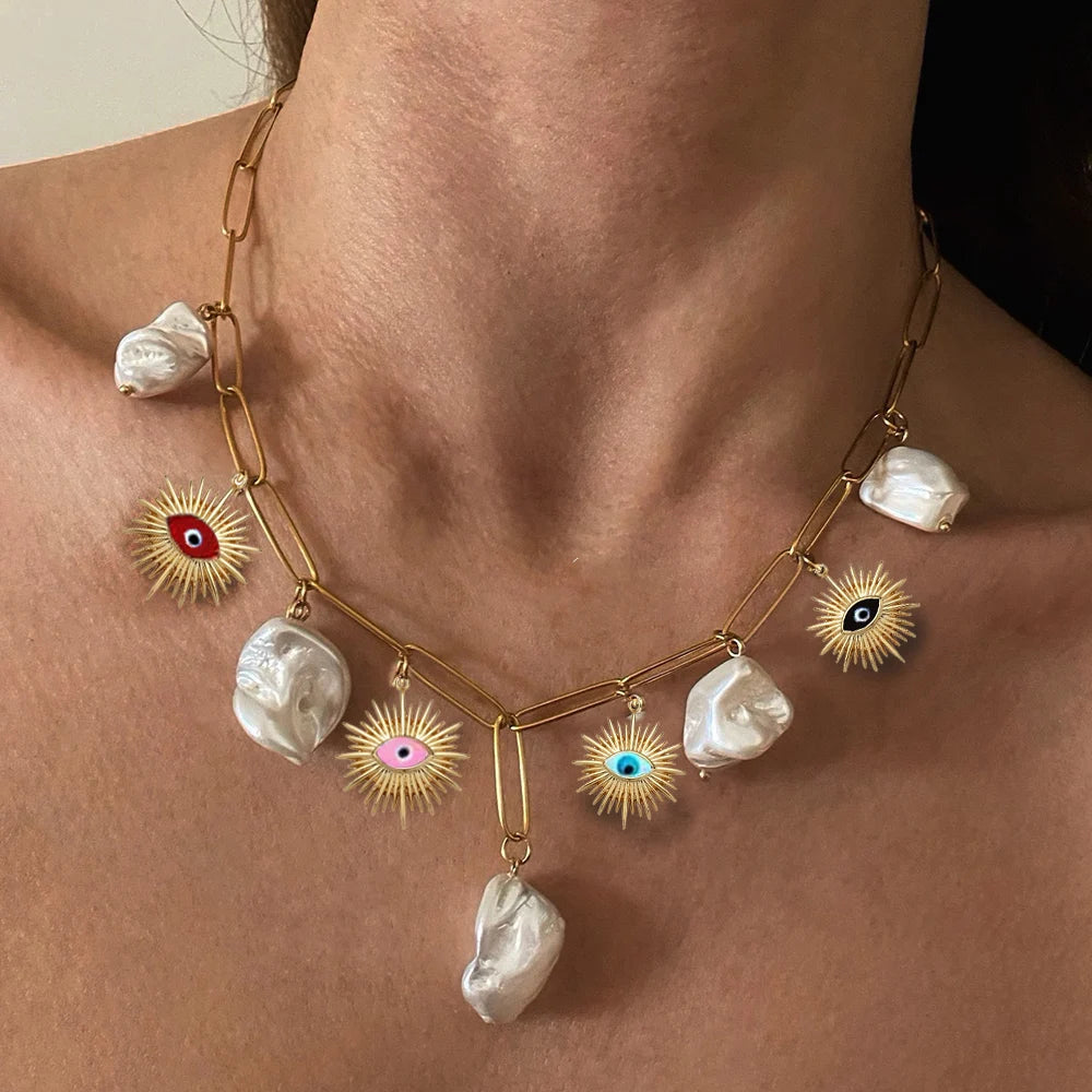 Handmade Lucite Beaded Pearl Choker Necklace — Blue | KIMLUD