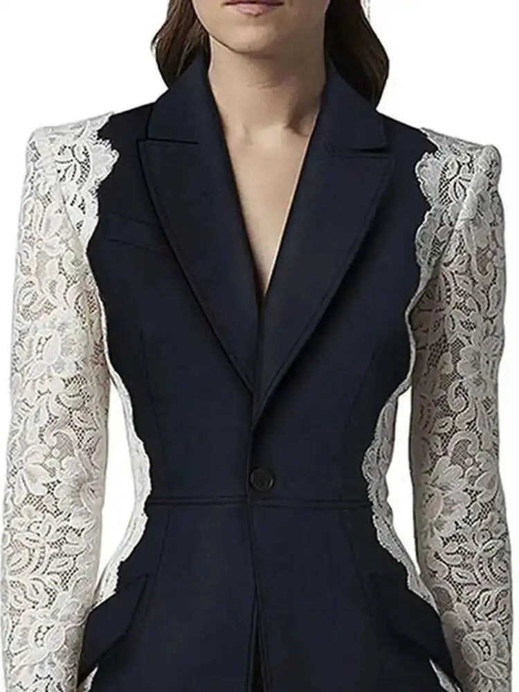 DEAT Fashion Women's Blazer New Fashion Notched Lace Patchwork Long Sleeve Contrast Suit Jackets Female Spring 2025 17A1298