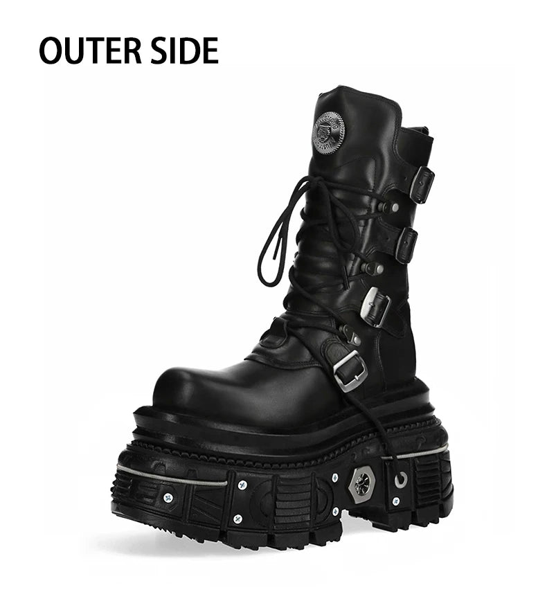 Metal Rivet Platform Cross Tie Motorcycle Boots Female Rock Round Head Fashion Retro Short Boots Goth Style Platform Boots