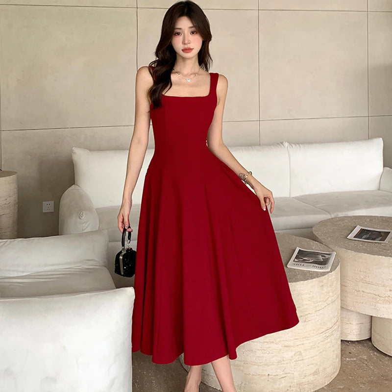 Square-Collar Bodycon Midi Dress Long — White | KIMLUD
