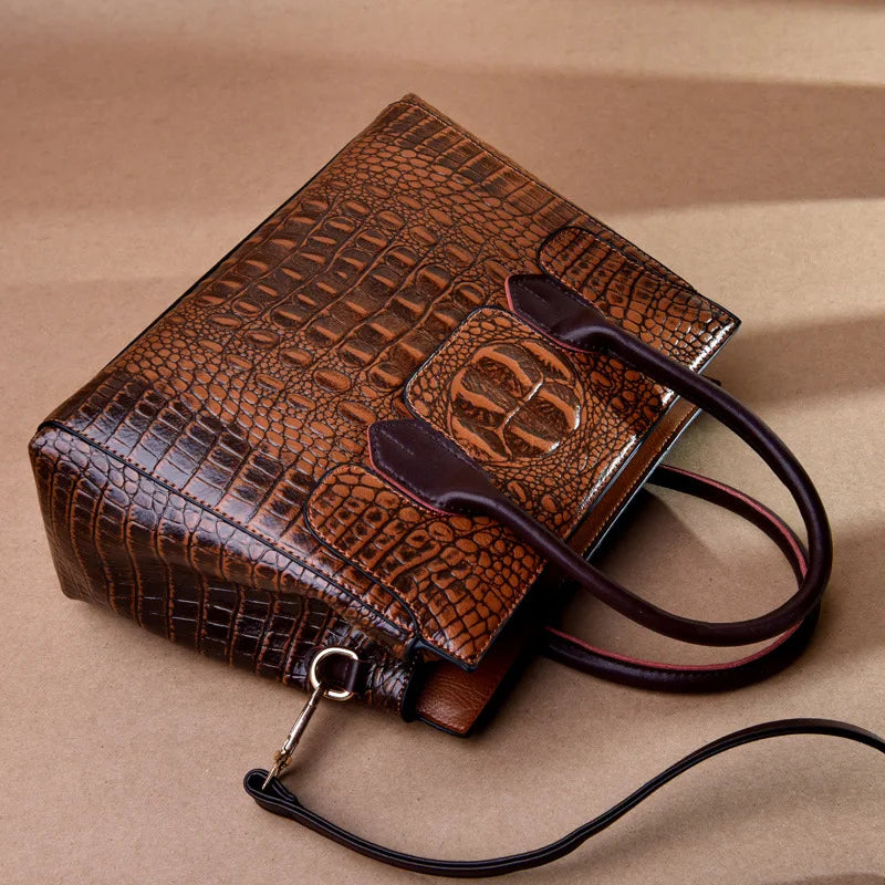 Genuine Leather Shoulder Bag Crocodile — Black | KIMLUD