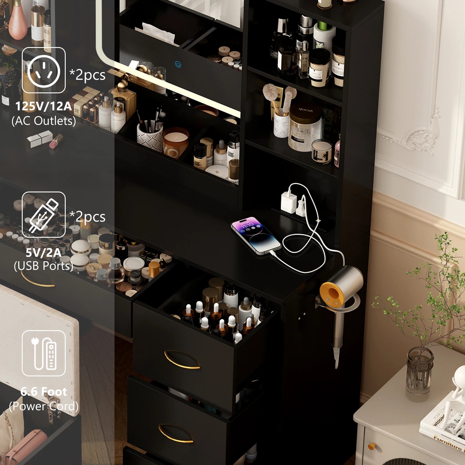 47" Vanity Desk with Mirror and Lights, Large Makeup Vanity with Vanity Chair & Charging Station, Dressing Table with 7 Drawers