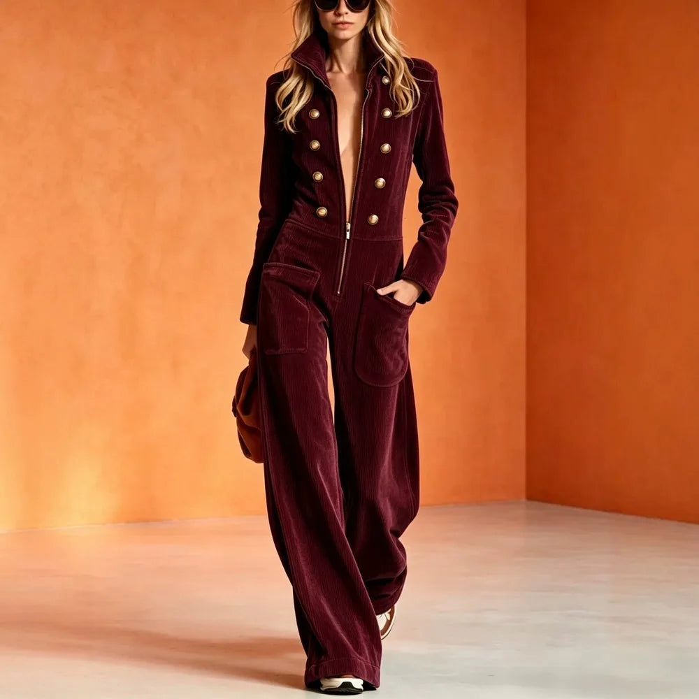Jumpsuit - Front Zip Stand Collar - Wide Leg Silhouette - Mid Waist | KIMLUD