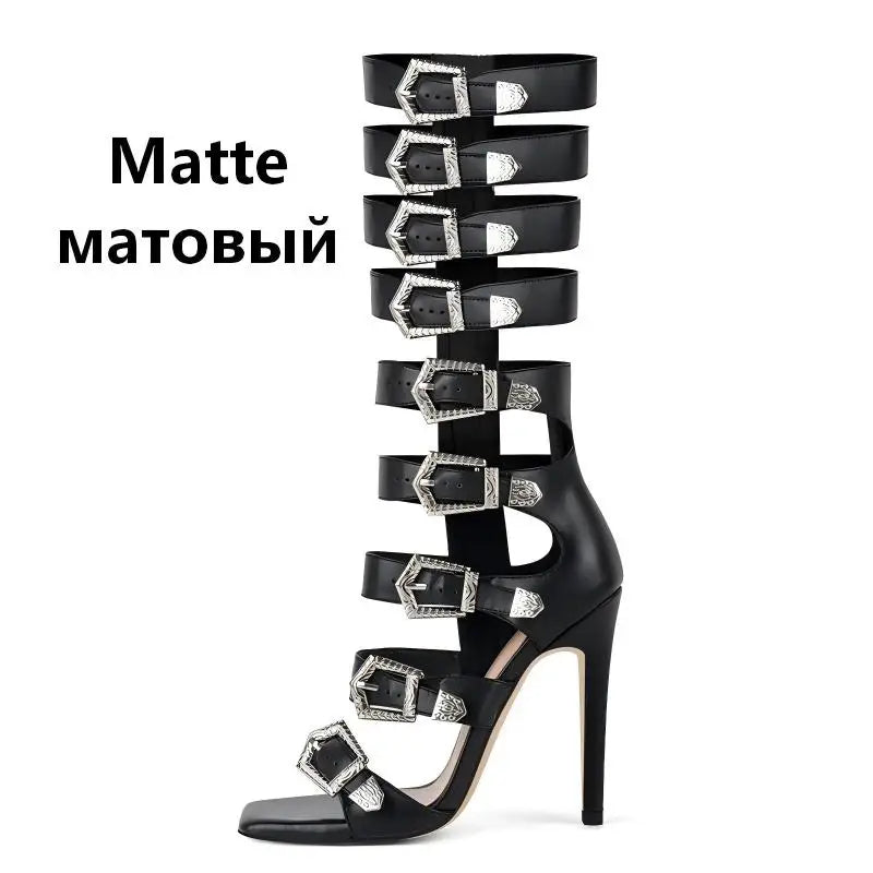 PU Gladiator Buckle Strappy Sandals Round Toe Stiletto 11 cm Heels — Black | KIMLUD