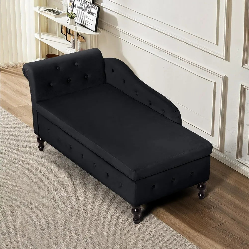 Velvet Chaise Lounge with Left Armrest & Storage Space,Button Tufted Lounge Chair w/Lumbar Pillow,Modern Upholstered Lounge Chai