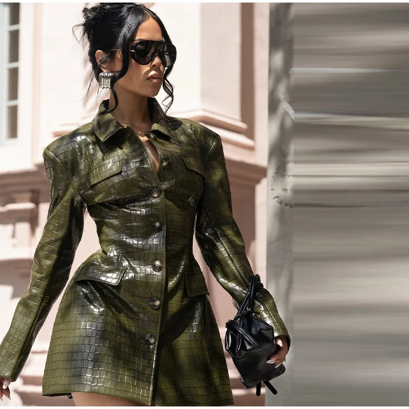 2026 Spring New Leather Blazer Mini Dress For Women Chic Lapel Long Sleeve Pockets Suit Jacket Lady Chic Single Breasted Outwear