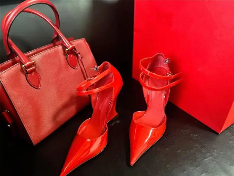 Wedge Pumps Mary Jane Buckle Strap — Red Cherry | KIMLUD